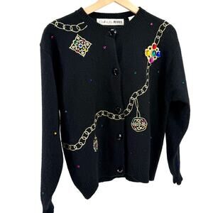 Vintage 90s Chaus Petites Black Jeweled Chain Embroidered Cardigan